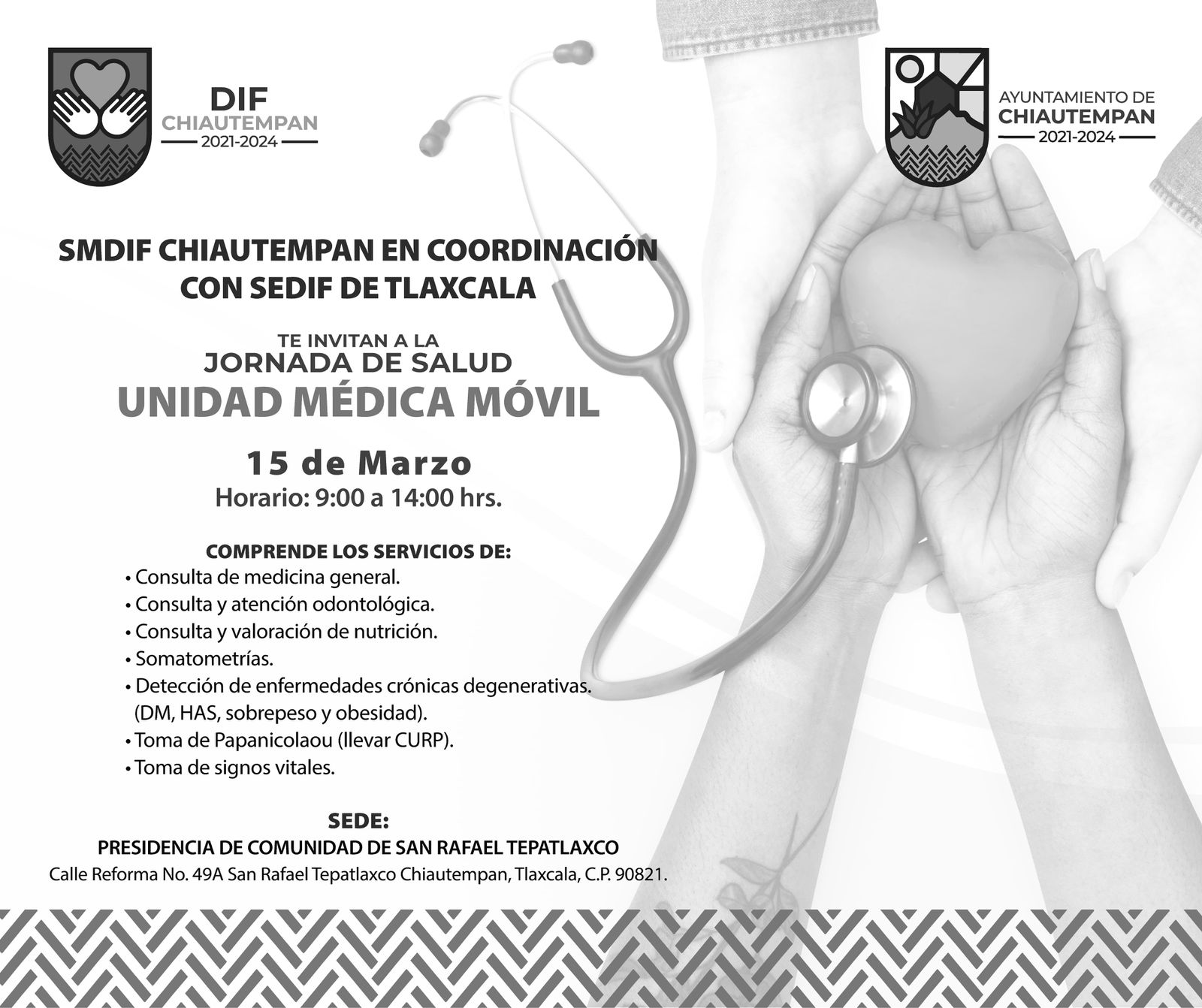 El Ayuntamiento de Chiautempan y el SMDIF invitan a la Jornada de Salud en San Rafael Tepatlaxco